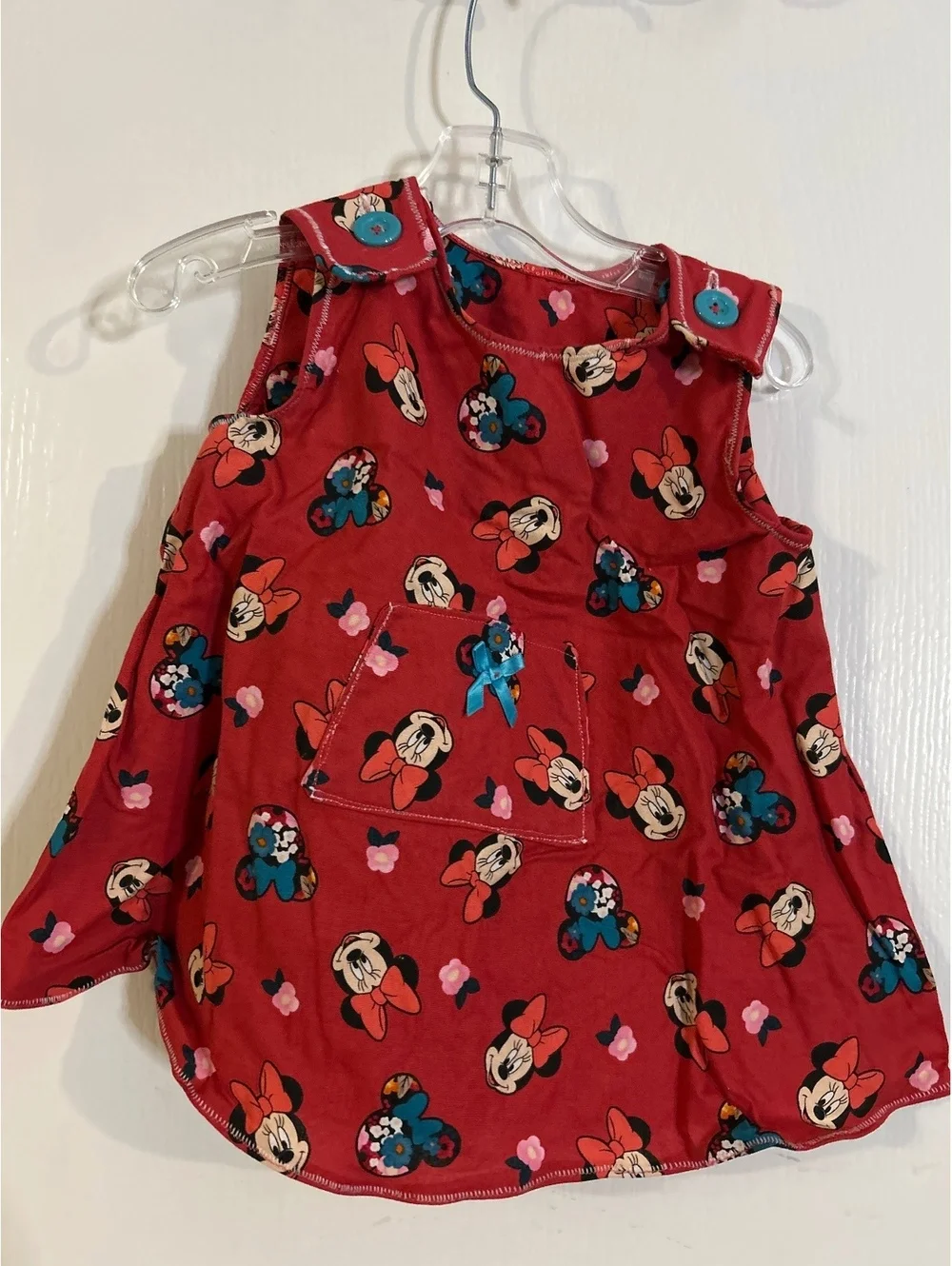 Red Minnie Mouse Print Toddler Dress with Blue Bow Detail